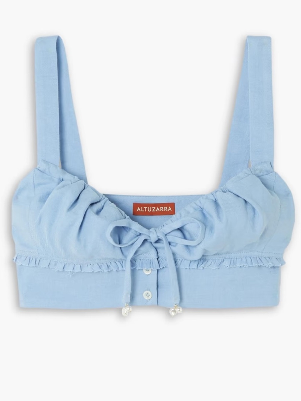 ALTUZARRA Bijou Cropped Ruffled Linen Blend Top Clear Sky US 14 / FR 46 NEW NWT